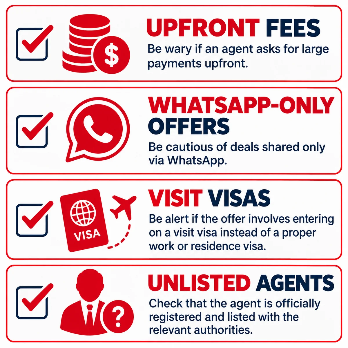 Checklist of red flags in fake overseas job offers for Indian freshers, including upfront fees, WhatsApp-only offers and visit visas