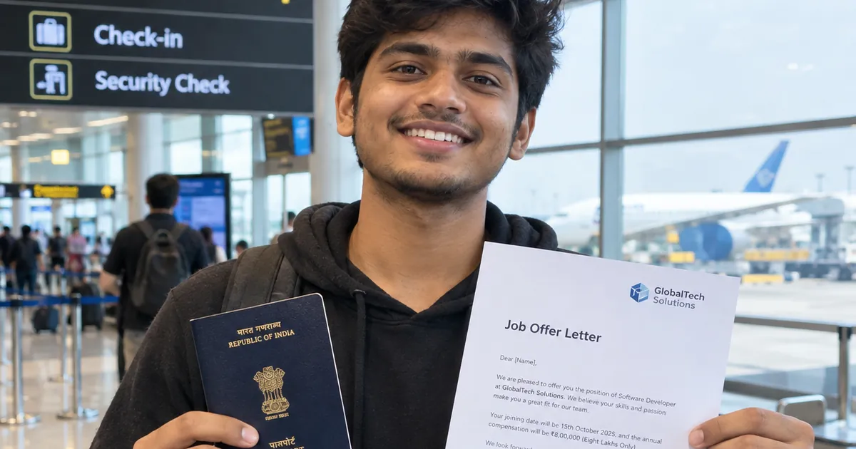 Indian fresher graduate holding a passport and job offer letter at an airport, ready to start a job abroad